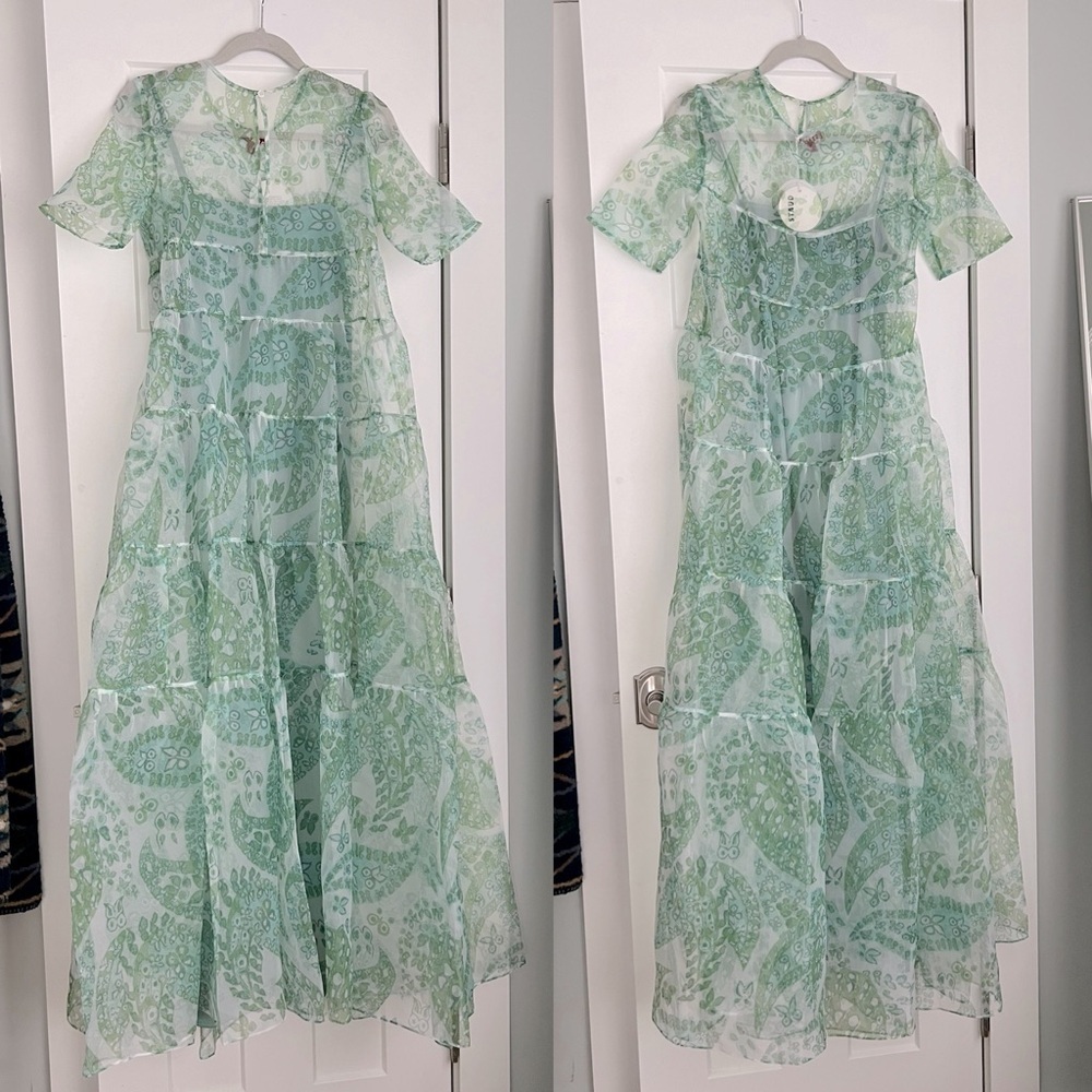 STAUD Cocoon Tiered Organza Paisley Print Maxi Dress Blue Green NEW with tags - Picture 3 of 15